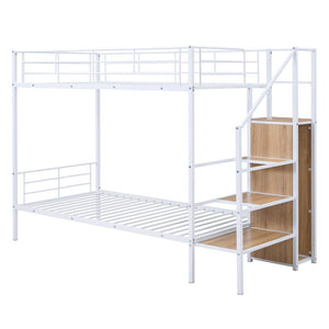 White Twin Over Twin Metal Bunk Bed With Stairs And Storage