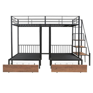 Black Full Over Two Twins Metal Bunk Bed With Stairs And Storage