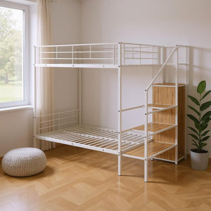 White Full Over Full Metal Bunk Bed With Stairs And Storage