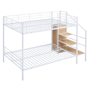 White Full Over Full Metal Bunk Bed With Stairs And Storage