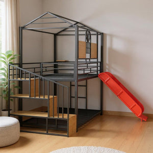 Black Twin Over Twin Dollhouse Metal Bunk Bed With Stairs And Slide And Storage