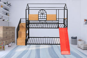 Black Twin Over Twin Dollhouse Metal Bunk Bed With Stairs And Slide And Storage