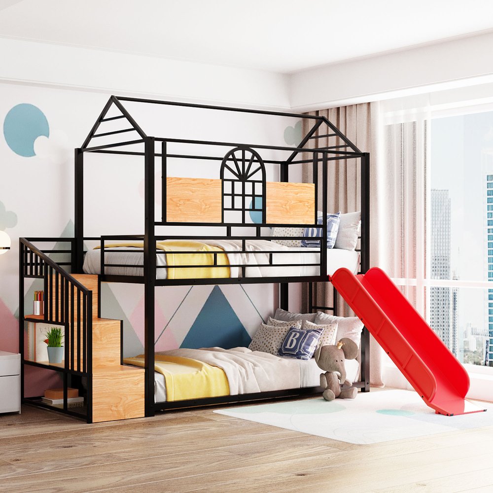Black Twin Over Twin Dollhouse Metal Bunk Bed With Stairs And Slide And Storage