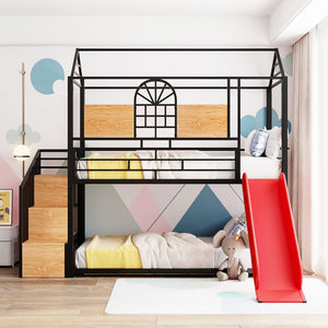 Black Twin Over Twin Dollhouse Metal Bunk Bed With Stairs And Slide And Storage