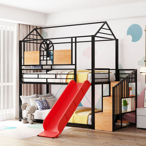 Black Twin Over Twin Dollhouse Metal Bunk Bed With Stairs And Slide And Storage