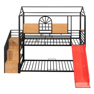 Black Twin Over Twin Dollhouse Metal Bunk Bed With Stairs And Slide And Storage