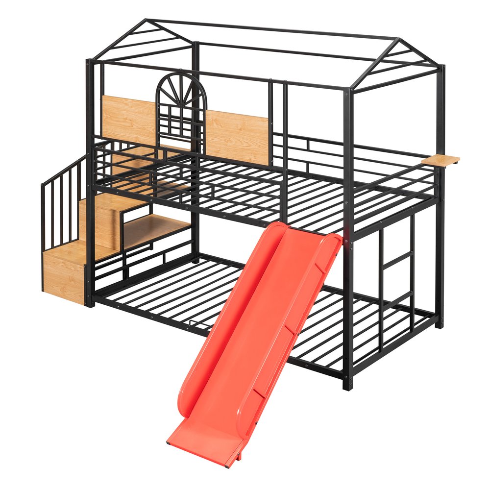 Black Twin Over Twin Dollhouse Metal Bunk Bed With Stairs And Slide And Storage