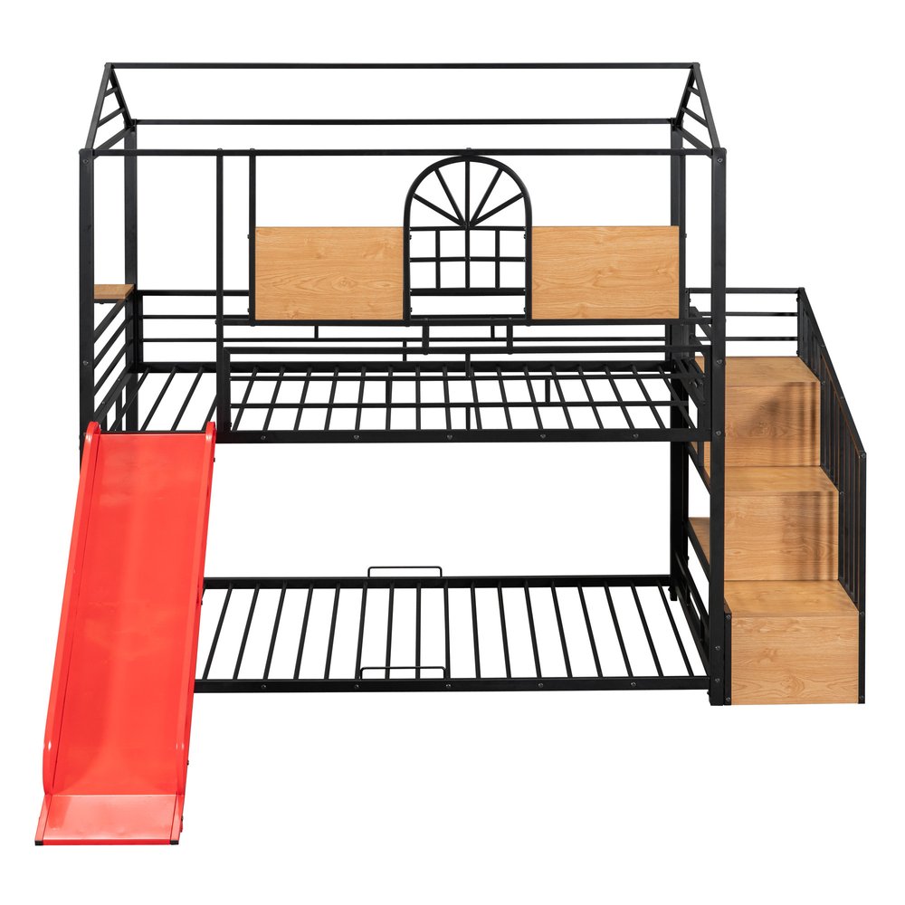 Black Twin Over Twin Dollhouse Metal Bunk Bed With Stairs And Slide And Storage