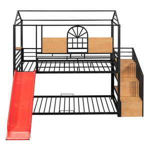 Black Twin Over Twin Dollhouse Metal Bunk Bed With Stairs And Slide And Storage