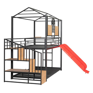 Black Twin Over Twin Dollhouse Metal Bunk Bed With Stairs And Slide And Storage