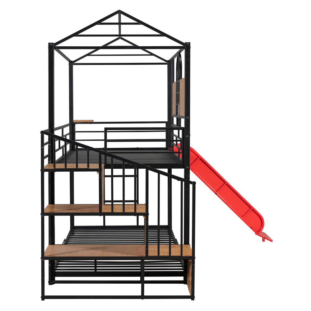Black Twin Over Twin Dollhouse Metal Bunk Bed With Stairs And Slide And Storage