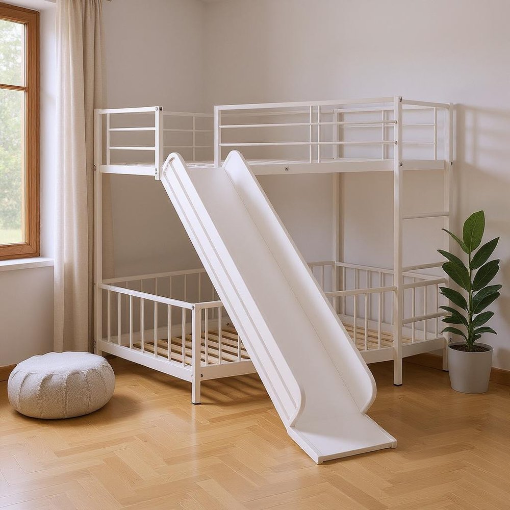 White Twin Over Twin Metal Bunk Bed With Slide