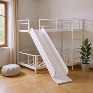 White Twin Over Twin Metal Bunk Bed With Slide