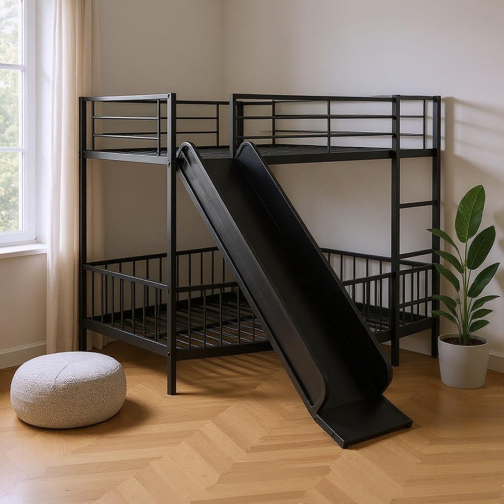 Black Full Over Full Metal Bunk Bed With Slide