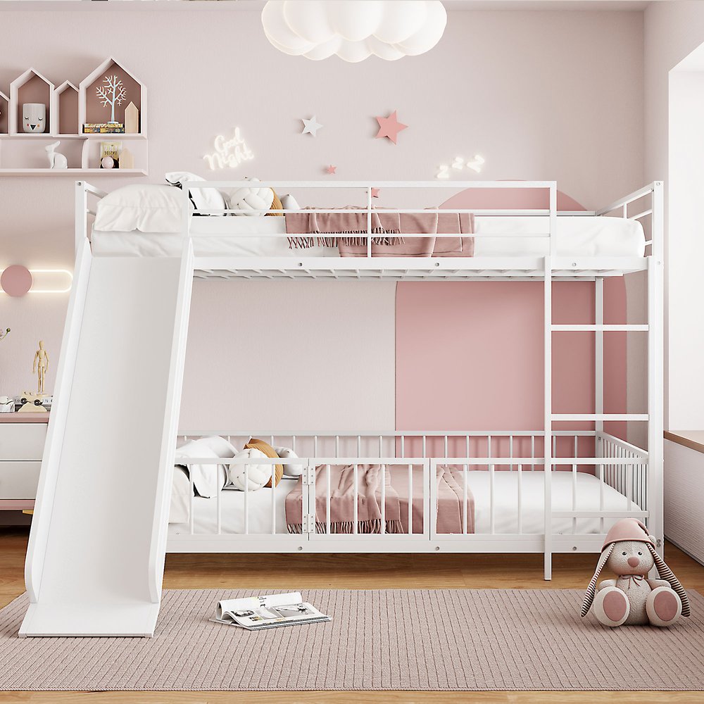 White Full Over Full Metal Bunk Bed With Slide