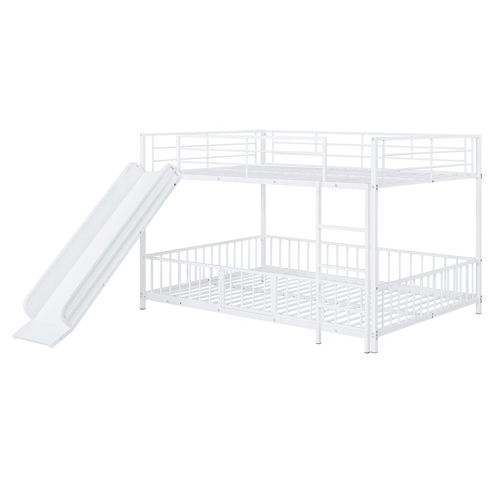 White Full Over Full Metal Bunk Bed With Slide