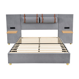 Gray Tufted Upholstered Queen Bed Frame With USB