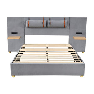 Gray Tufted Upholstered Queen Bed Frame With USB