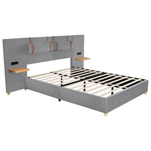 Gray Tufted Upholstered Queen Bed Frame With USB