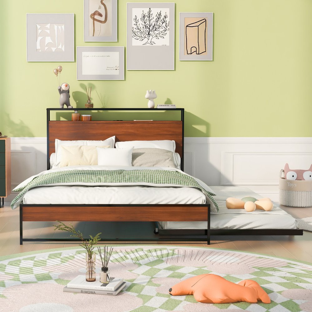 Black Metal Full Bed Frame With Trundle