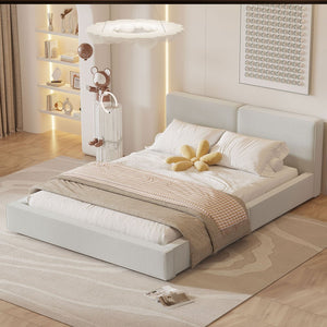 Beige Tufted Velvet Upholstered Queen Bed Frame