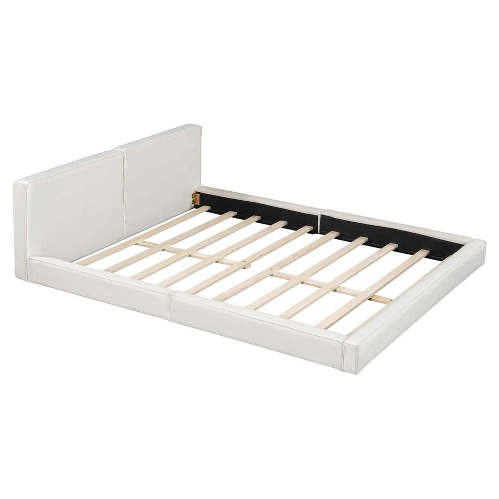 Beige Tufted Velvet Upholstered Queen Bed Frame