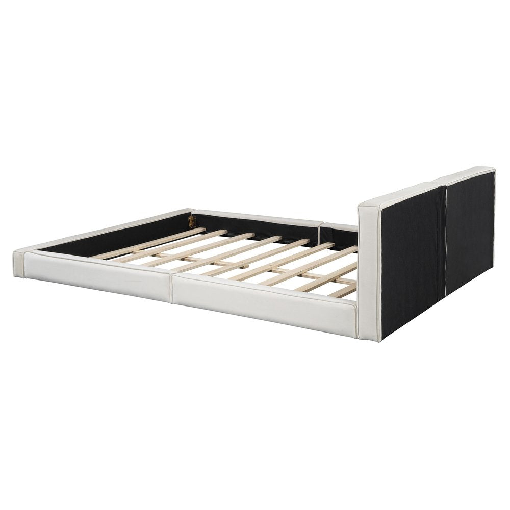 Beige Tufted Velvet Upholstered Queen Bed Frame