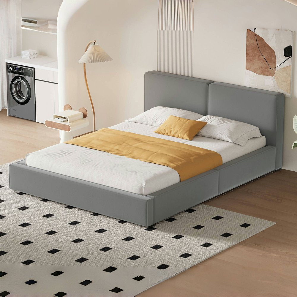 Gray Tufted Velvet Upholstered Queen Bed Frame