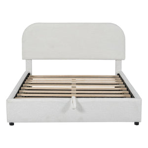 White Boucle Upholstered Full Bed Frame With Hydraulic Lift Storage