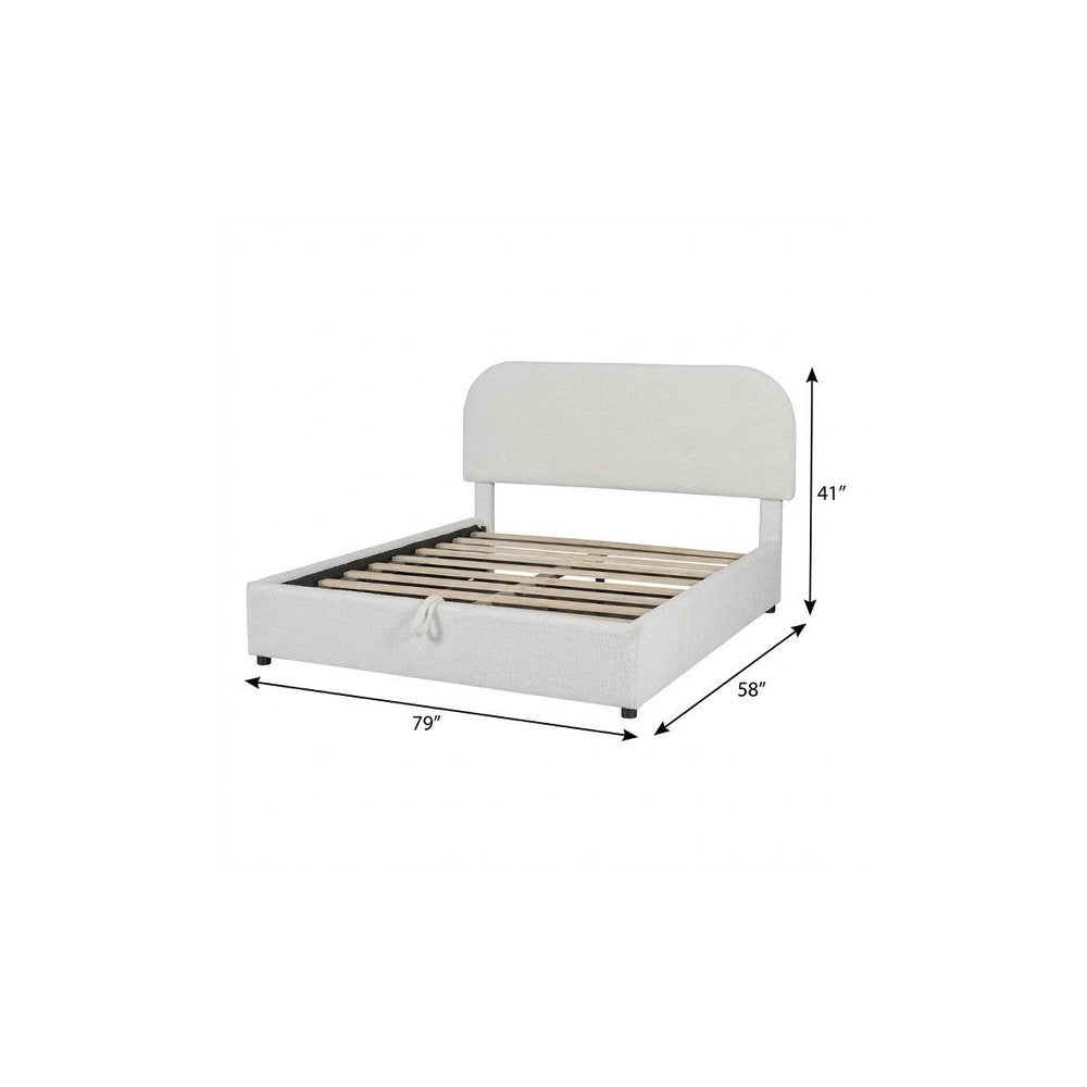 White Boucle Upholstered Full Bed Frame With Hydraulic Lift Storage