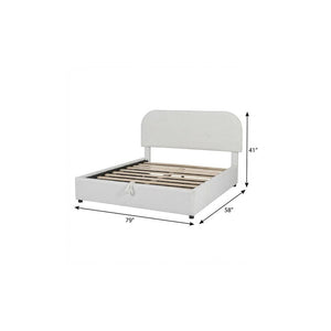 White Boucle Upholstered Full Bed Frame With Hydraulic Lift Storage