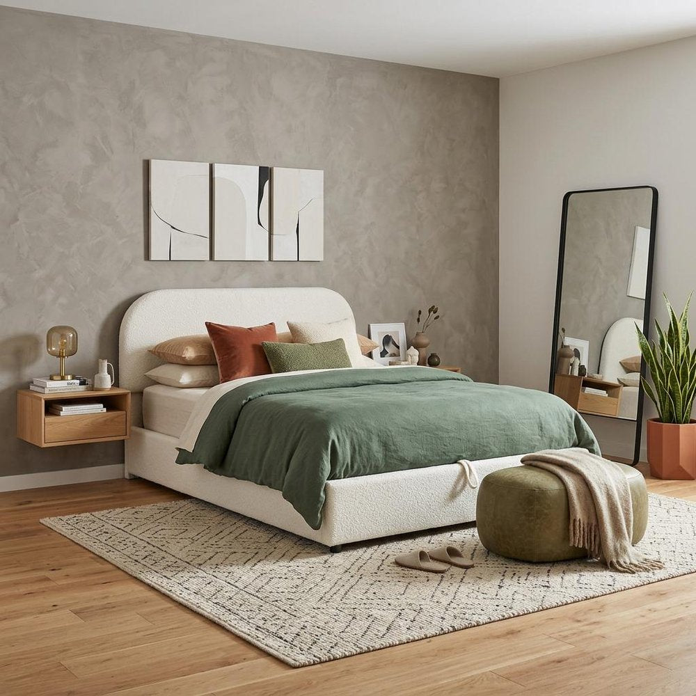 White Boucle Upholstered Full Bed Frame With Hydraulic Lift Storage