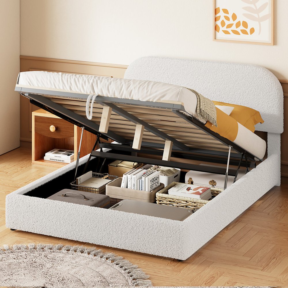 White Boucle Upholstered Full Bed Frame With Hydraulic Lift Storage