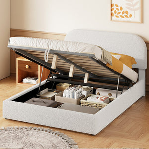 White Boucle Upholstered Full Bed Frame With Hydraulic Lift Storage