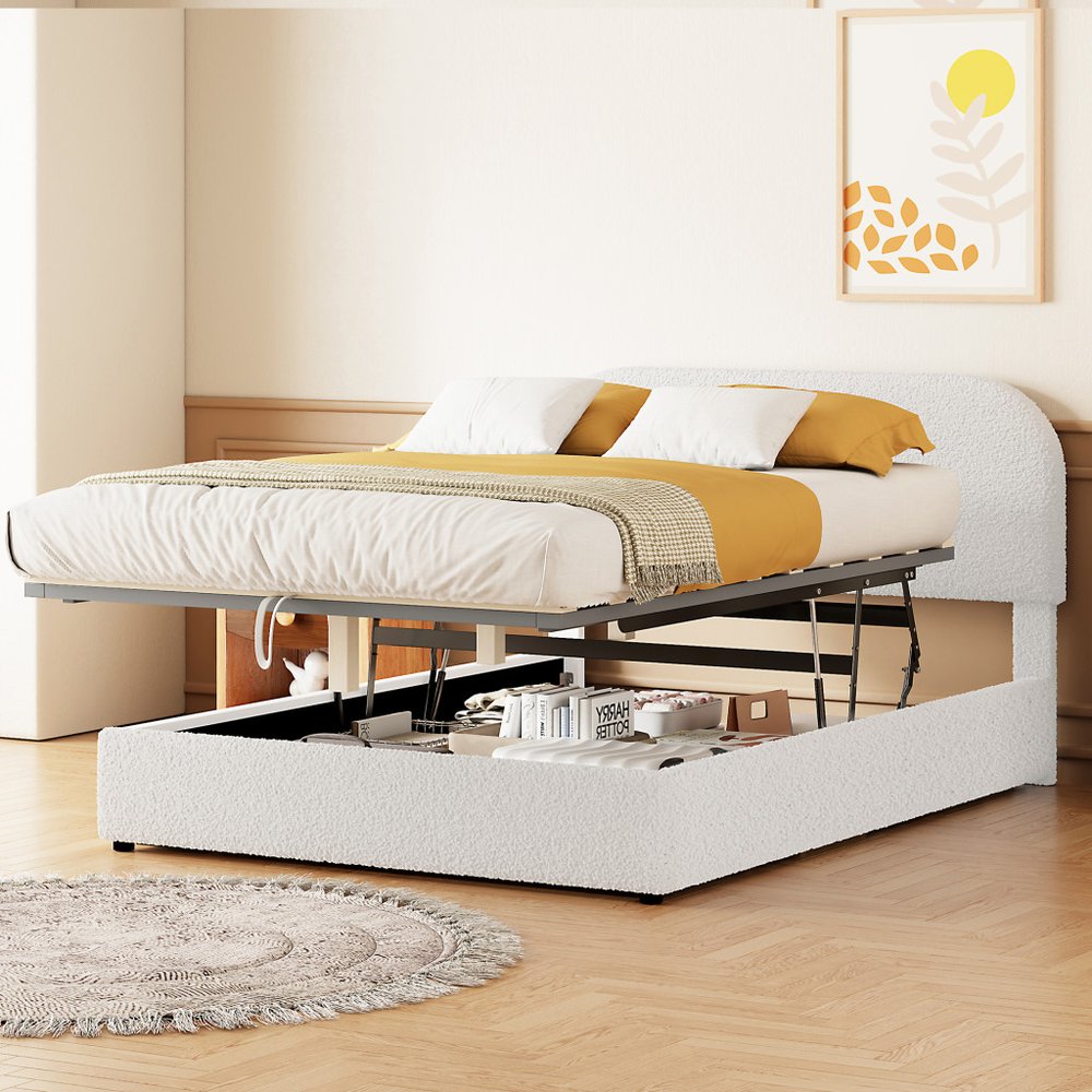 White Boucle Upholstered Full Bed Frame With Hydraulic Lift Storage
