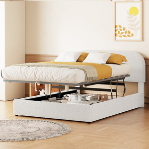 White Boucle Upholstered Full Bed Frame With Hydraulic Lift Storage