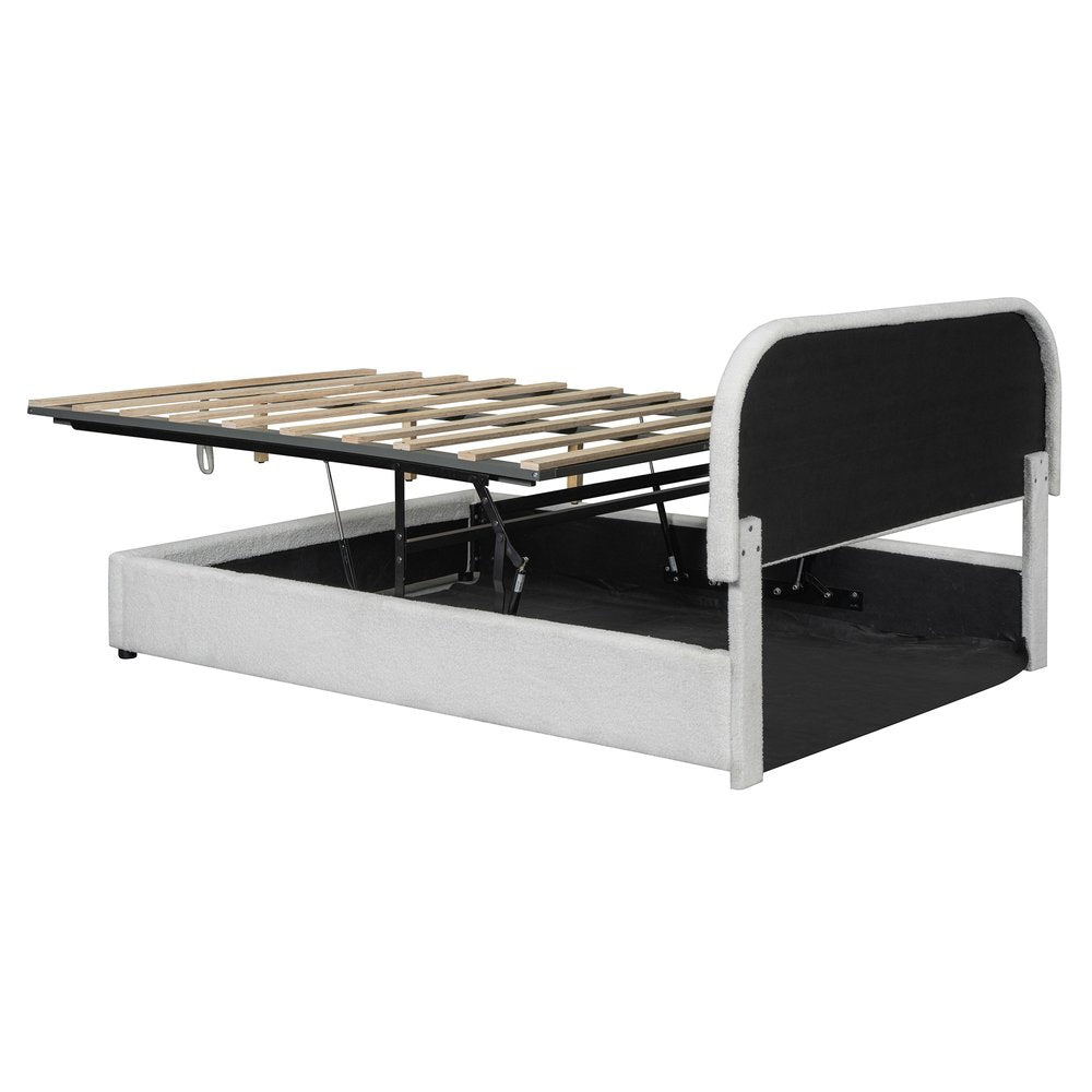 White Boucle Upholstered Full Bed Frame With Hydraulic Lift Storage