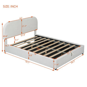 White Boucle Upholstered Full Bed Frame With Hydraulic Lift Storage