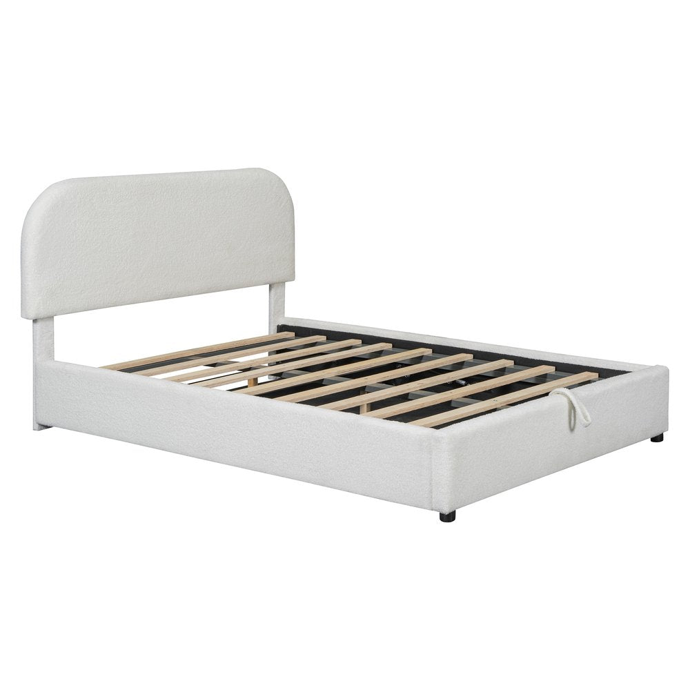White Boucle Upholstered Full Bed Frame With Hydraulic Lift Storage