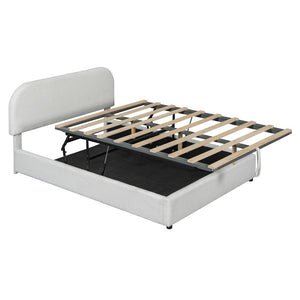 White Boucle Upholstered Full Bed Frame With Hydraulic Lift Storage