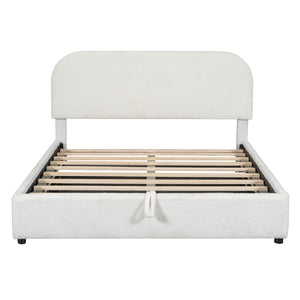 White Boucle Upholstered Queen Bed Frame With Hydraulic Lift Storage