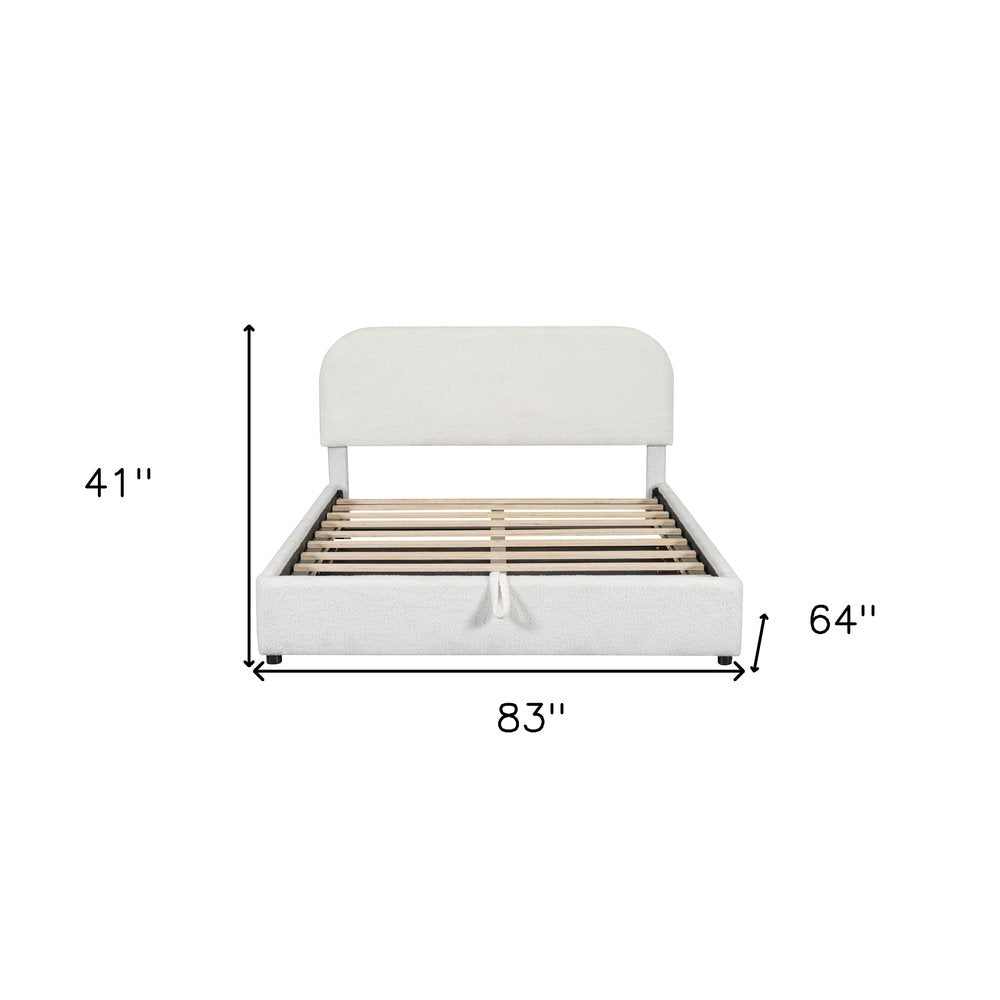 White Boucle Upholstered Queen Bed Frame With Hydraulic Lift Storage