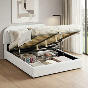 White Boucle Upholstered Queen Bed Frame With Hydraulic Lift Storage