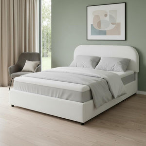 White Boucle Upholstered Queen Bed Frame With Hydraulic Lift Storage