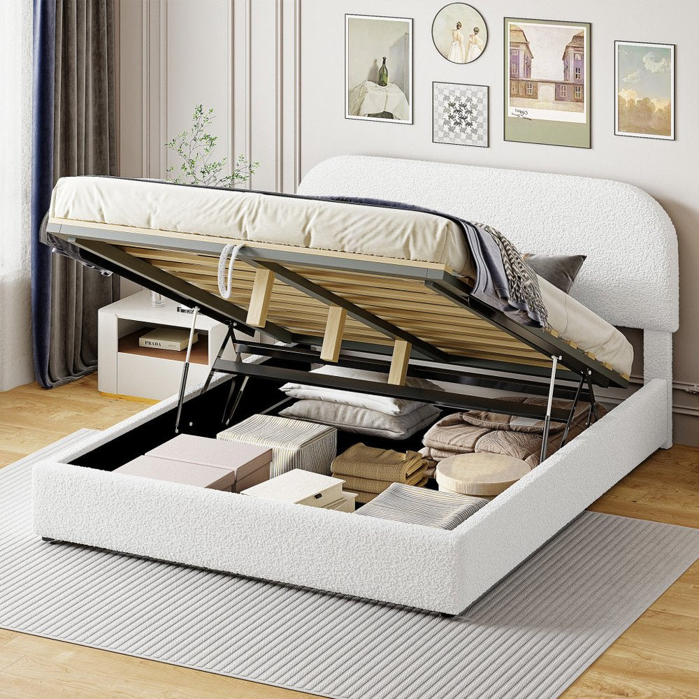 White Boucle Upholstered Queen Bed Frame With Hydraulic Lift Storage