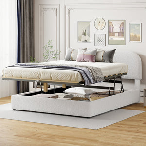 White Boucle Upholstered Queen Bed Frame With Hydraulic Lift Storage