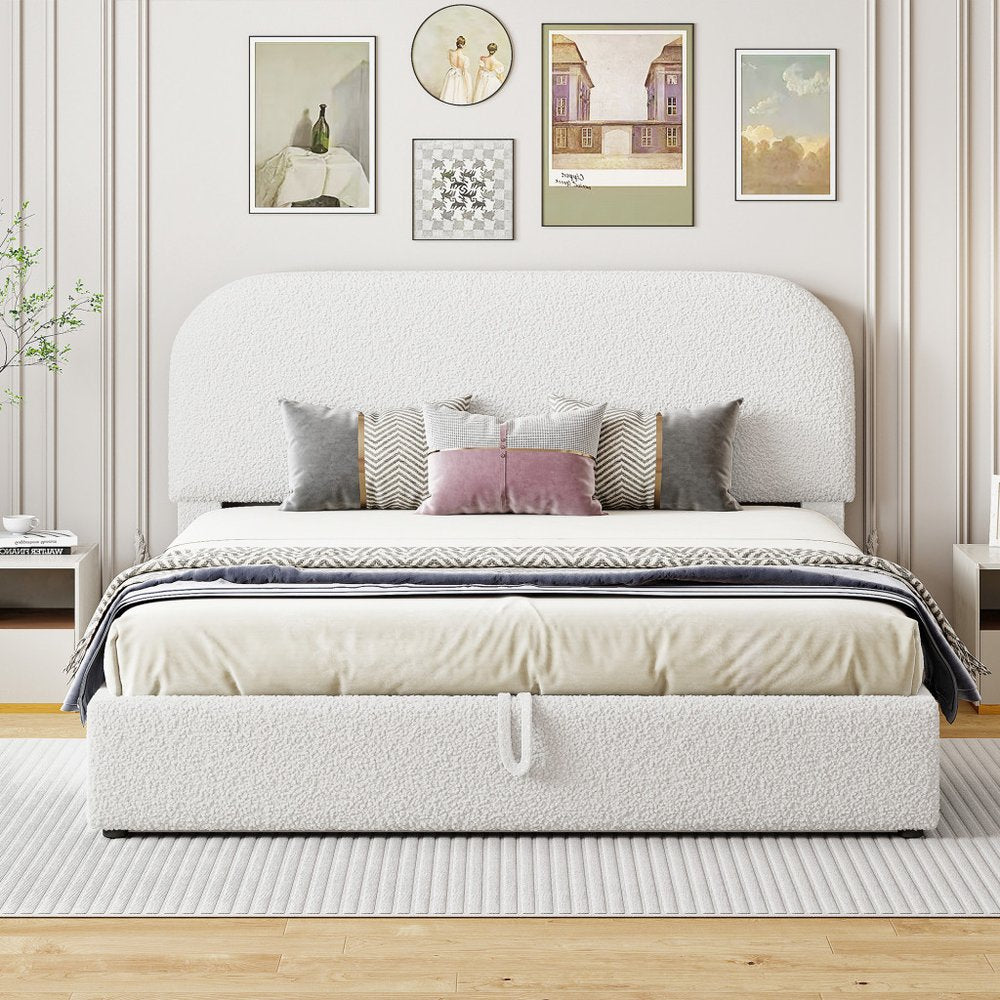 White Boucle Upholstered Queen Bed Frame With Hydraulic Lift Storage