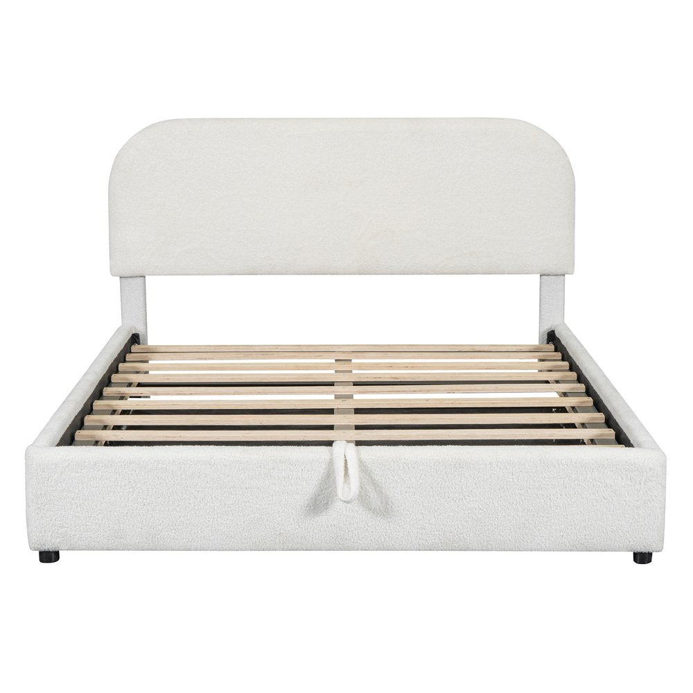 White Boucle Upholstered Queen Bed Frame With Hydraulic Lift Storage