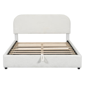 White Boucle Upholstered Queen Bed Frame With Hydraulic Lift Storage