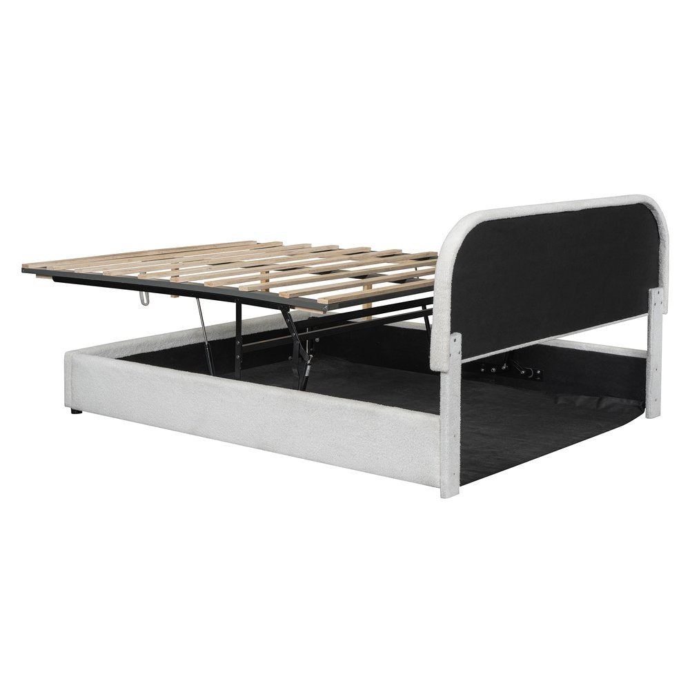 White Boucle Upholstered Queen Bed Frame With Hydraulic Lift Storage